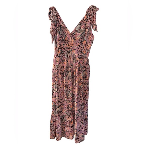 NWOT Molly Bracken Pink Palm Print Tie Sleeve Deep V-Neck Maxi Dress Size Small - Picture 14 of 14